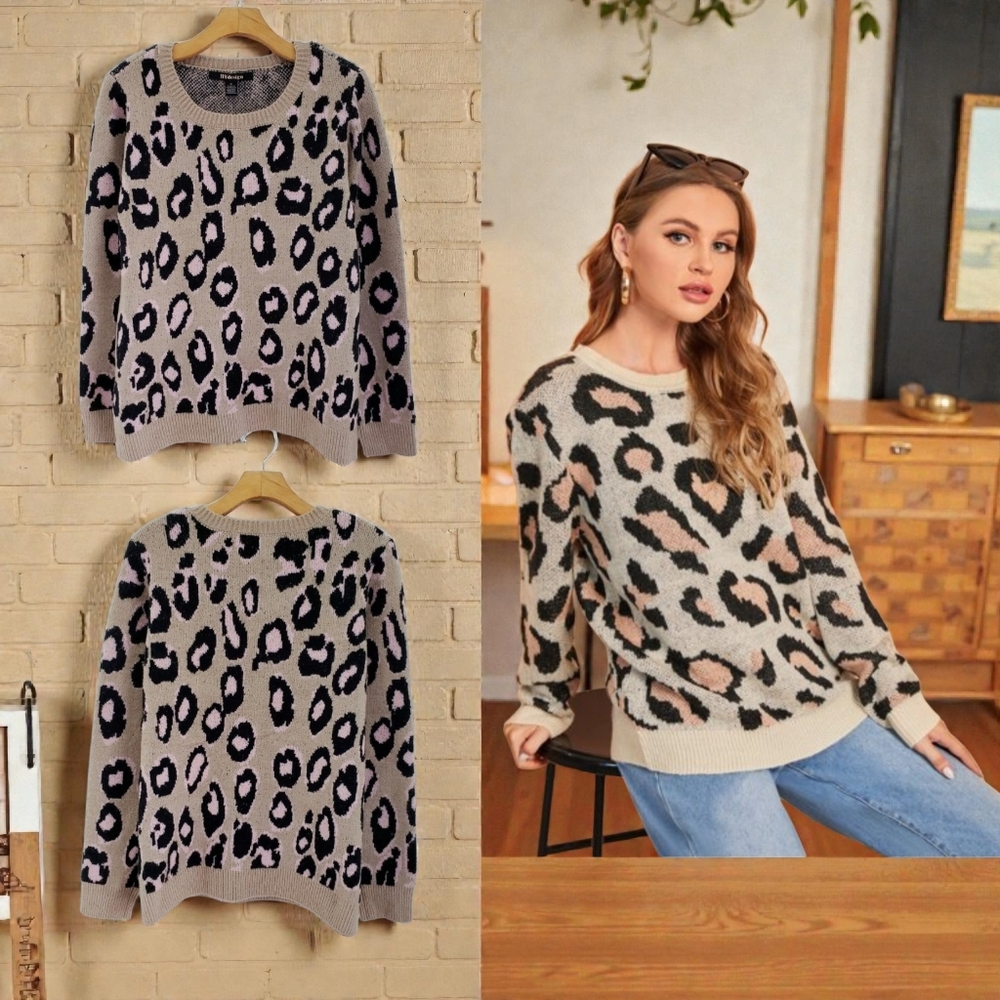 By Design Women's Leopard Print Ivory Rose Knit Crewneck Pullover Sweater